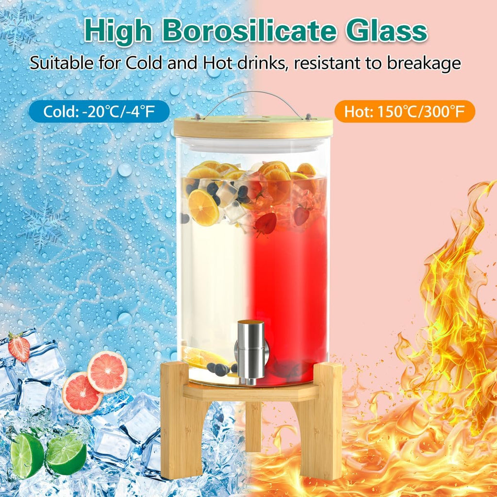 1 Gallon Glass Drink Dispenser For Parties, Beverage Dispenser With Bamboo Wood Stand And Stainless Steel Spigot
