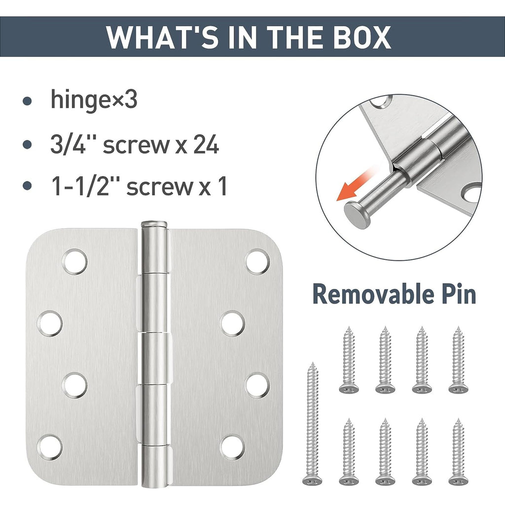 3 Pack 4 Inch Brushed Nickel Exterior Door Hinges, 5/8" Radius Corner