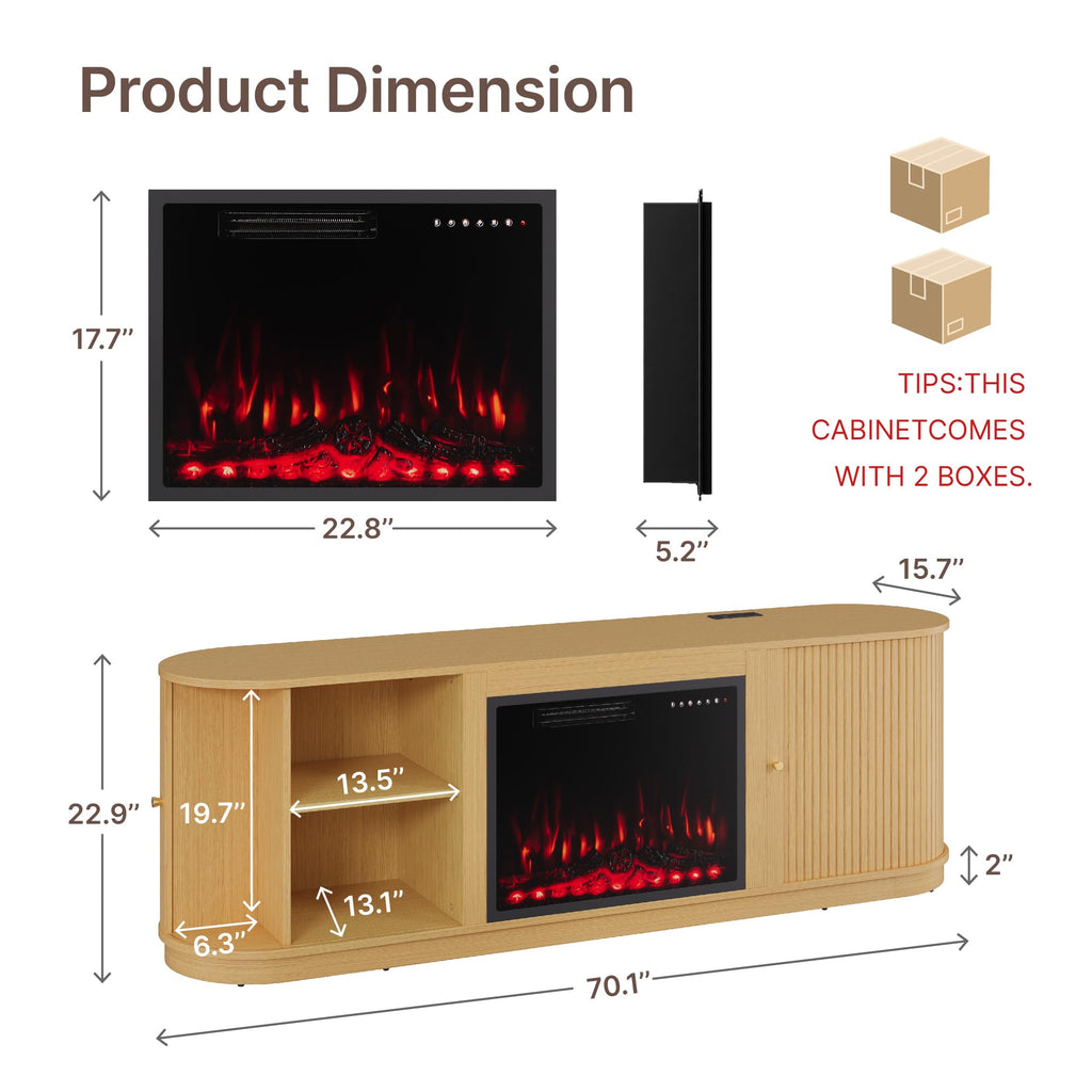 70'' Fluted Fireplace TV Stand for TVs Up to 80", Sliding Tambour Doors, Modern Entertainment Center with 23" Electric
