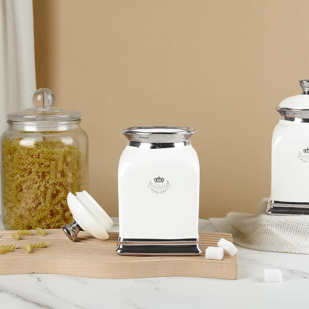 OZ Cookie Jar, White Kitchen Canisters, Farmhouse Porcelain Decorative Jars for Countertop, Ceramic - Set of 3