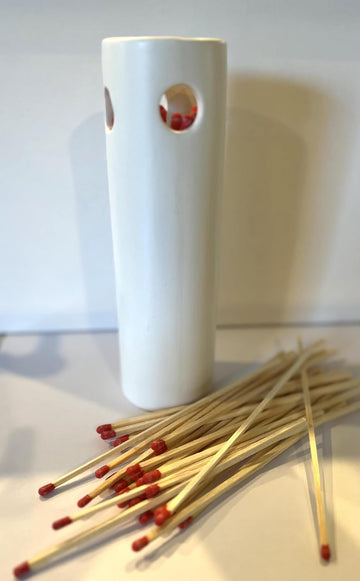 White Ceramic Fireplace Match Holder with Striker Pad, 50 8" Red Tip Matches. Reusable, Refillable. Decorative - Set of 50