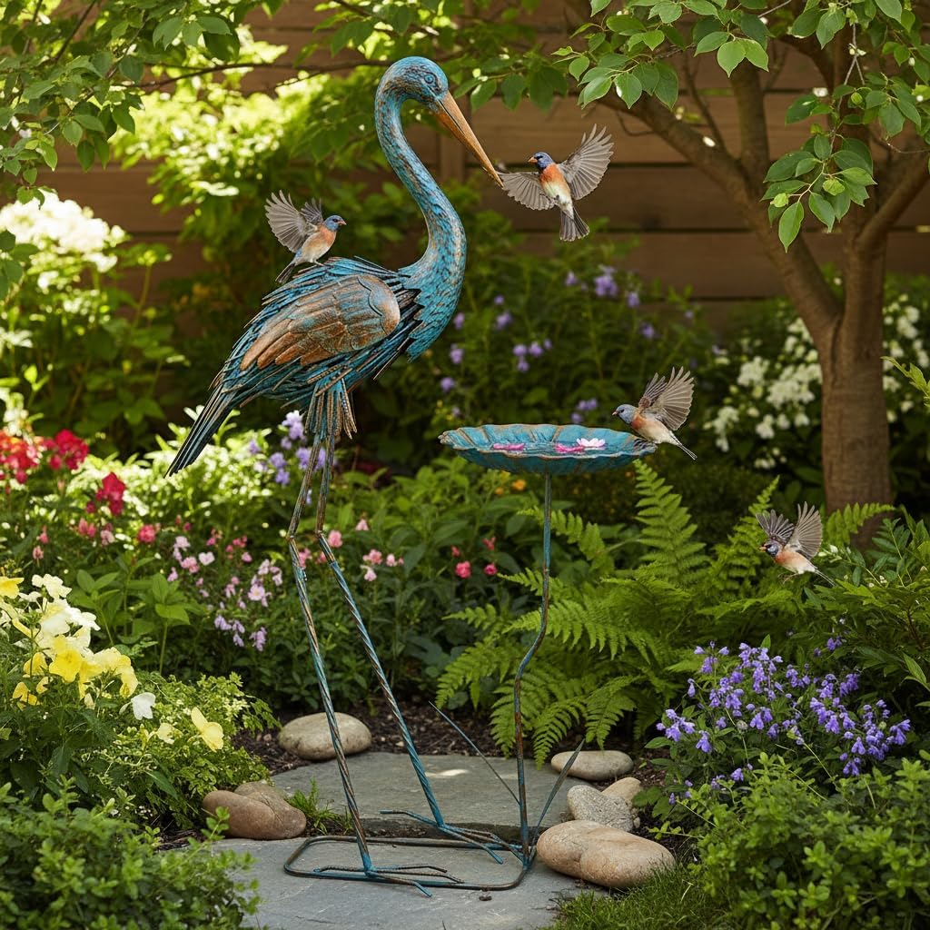 Metal Crane Garden Statue for Outside with Leaf Tray | Large Heron Outdoor Statues, Elegant Crane Yard Art Garden