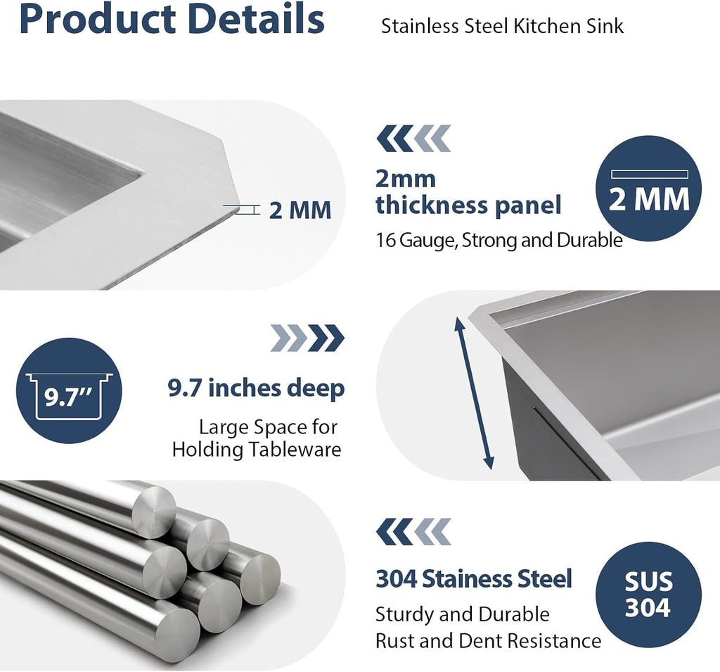 33 Inch Undermount Kitchen Sink Workstation 33"x19"x10" | SUS304 16 Gauge Single Bowl Handmade Under Counter Kitchen