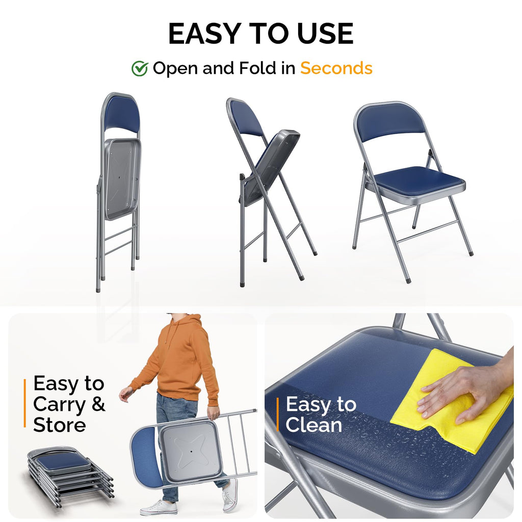 Folding Chair with Comfortable Padded Cushion and Back, Portable Folding Chairs for Outside, Office Events, Weddings