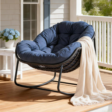 Oversized Outdoor Papasan Rocking Chair with Soft Cushion, Comfy Patio Egg Chair, Wicker Lounge Rocker for