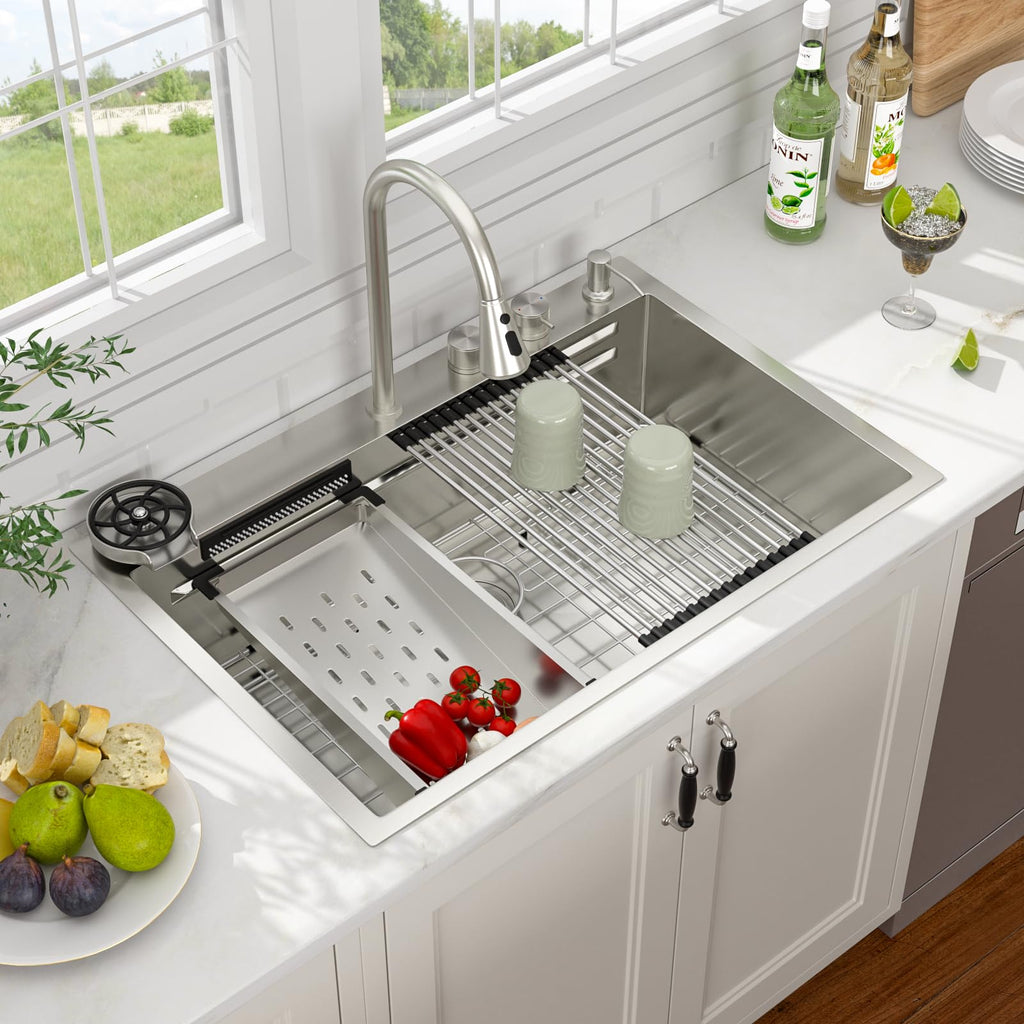 33x22 Inch Waterfall Kitchen Sink Drop In Multifunctional Workstation With Faucet Combo, Topmount 16 Gauge Stainless