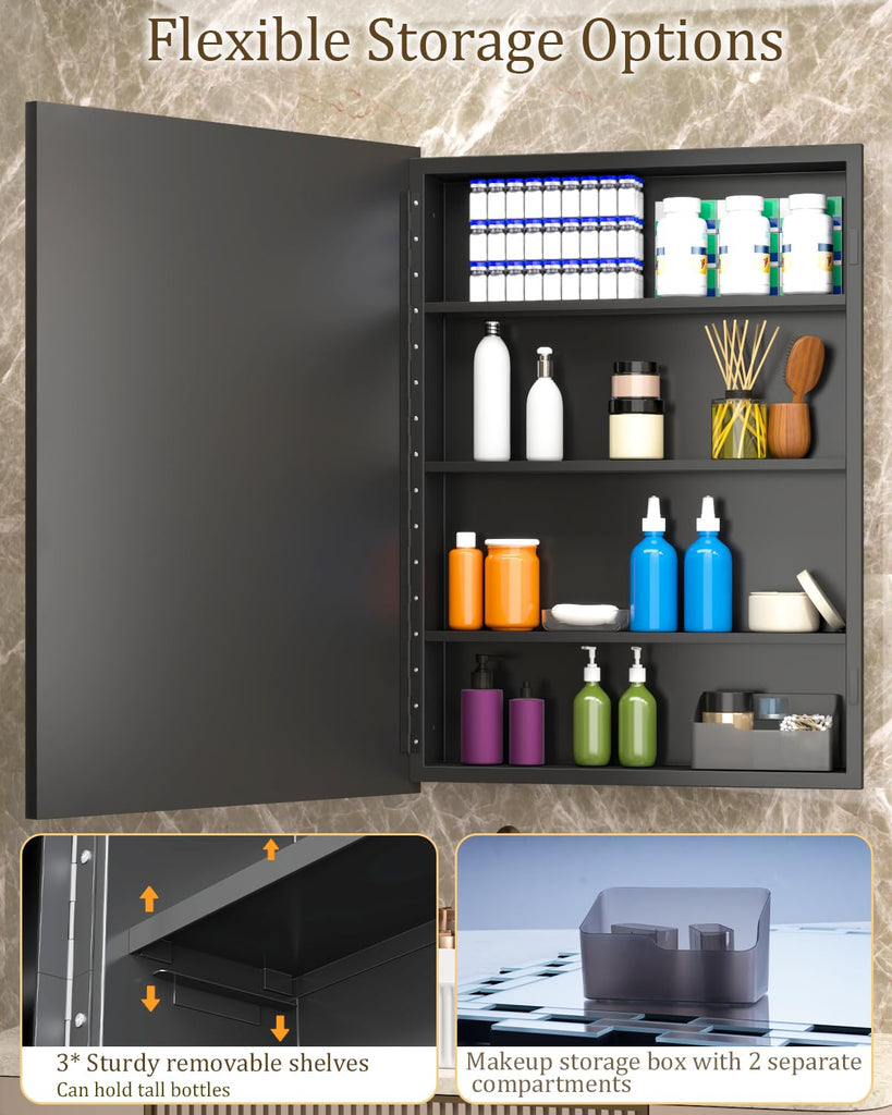 20"x30" Black Bathroom Medicine Cabinet with Mirror, Art Deco Mother of Pearl Vanity Mirror with Storage, Reversible