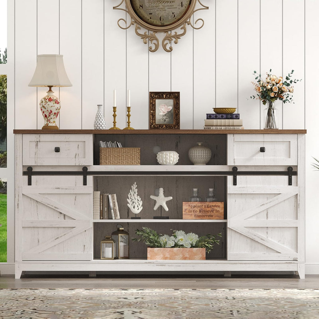Farmhouse TV Stand for up to 75" TV, Entertainment Center with Adjustable Shelves, Sliding Barn Door and Open Storage