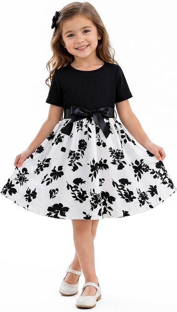 Floral A-Line Dress, Short Sleeve Twirl, Bow Waist, Kids Summer Dress