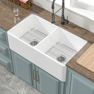 33" x 18" Farmhouse Sink Double Bowl White Fireclay Kitchen Sink | Fireclay dual bowl 50/50 , Undermount farm style