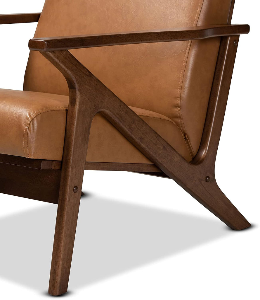 Bianca Mid-Century Modern Walnut Brown Finished Wood and Tan Faux Leather Effect Lounge Chair