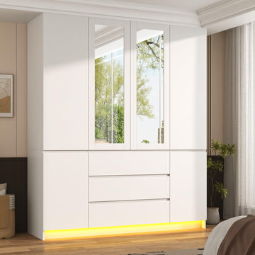 75" Tall Modern Wardrobe Closet with 2 Mirrors, LED Lights, 63"W Armoire Wardrobe Cabinet with 3 Drawers, Hanging