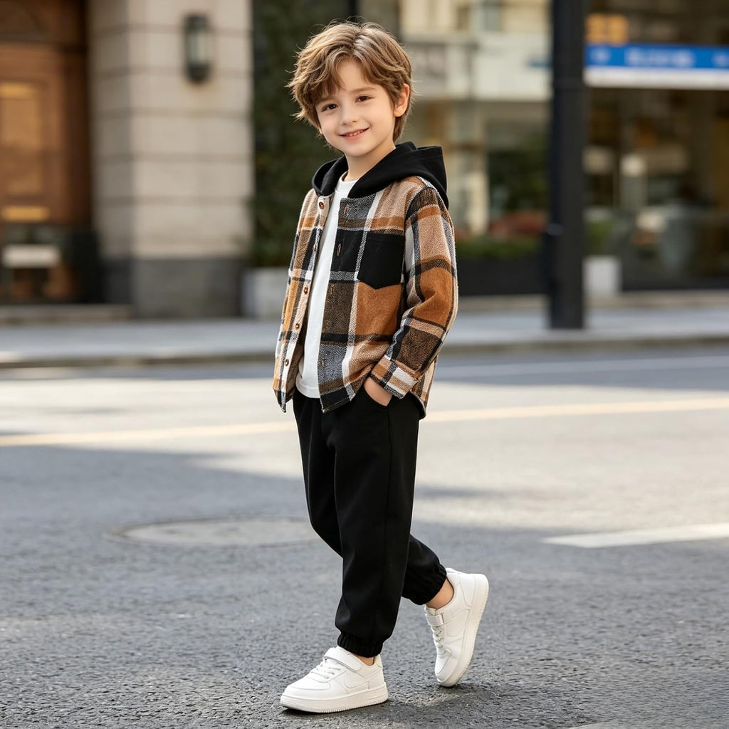 Toddler Boys Clothes 2PCS Flannel Plaid Hoodie & Pants Set