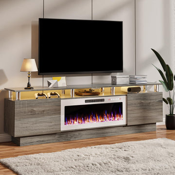 80" Up to 90" TVs, High Gloss Modern Entertainment Center with Storage, Wood Media Console Cabinet with 36" Fireplace