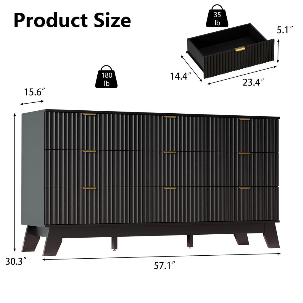 Black Dresser 9 Drawer Dresser, 57''Wide Fluted Wooden Dresser Storage Cabinet and Chest of Drawers with Metal