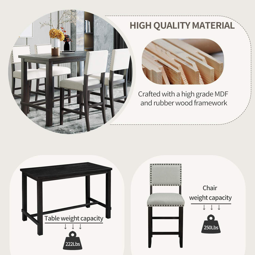 5 Piece Kitchen Table Set, Counter Height, Espresso and Beige
