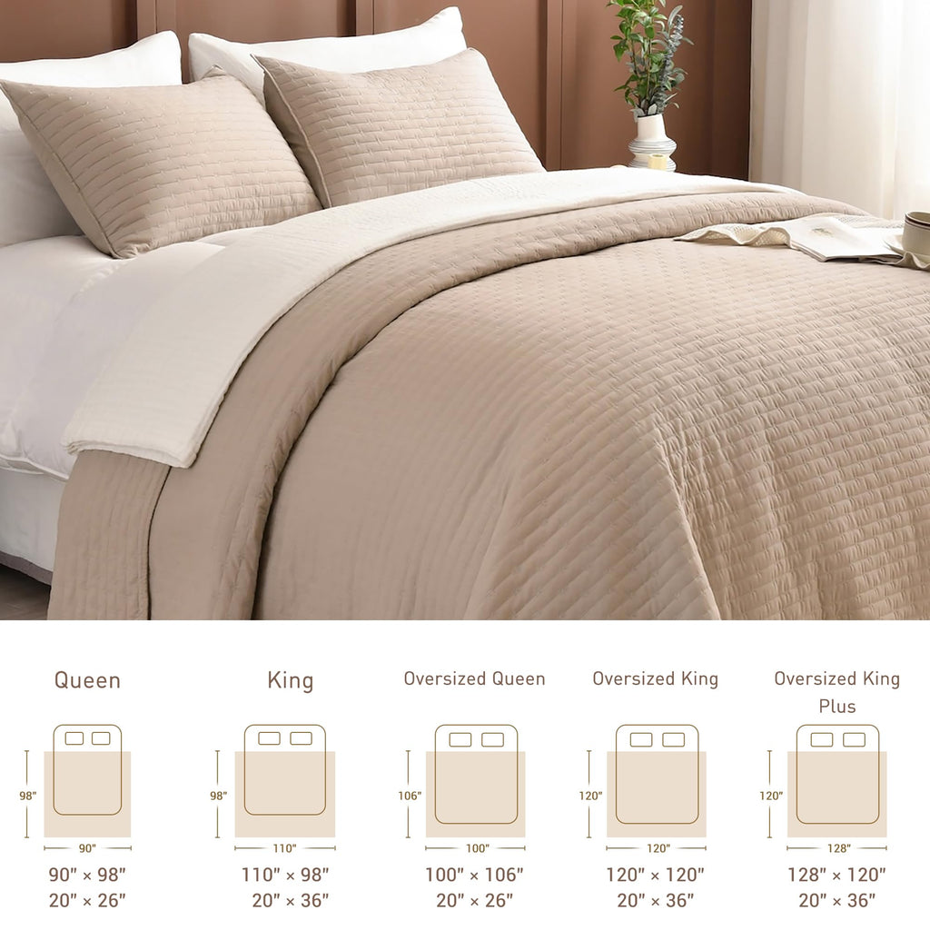 128x120, Linen Colored Lightweight Quilt Set 3Pcs Soft Microfiber Extra Large King Farmhouse Quilt Coverlet Bedding Set