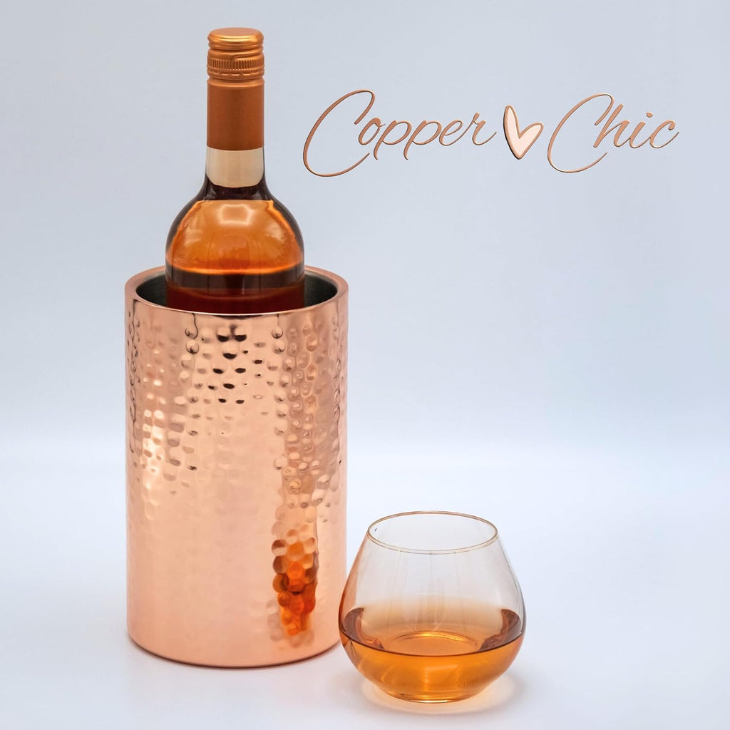 Hammered Rose Gold Single Bottle Wine Chiller - Copper Double-Walled Insulated Wine Cooler - Wine Bucket Chiller