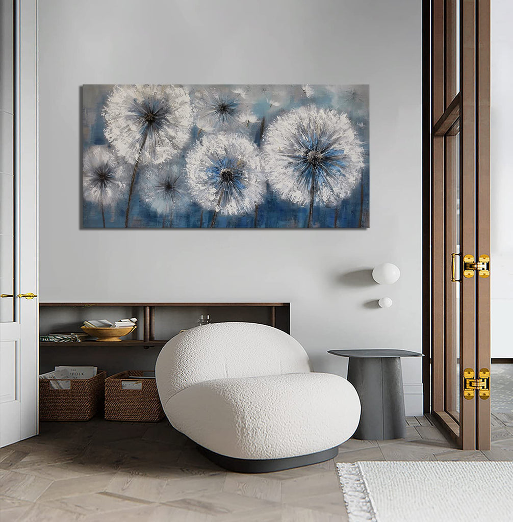Dandelion Wall Art Blue Large Picture Canvas Art Wall Decor Above Bed White Flower Artwork for Walls Wall Paintings