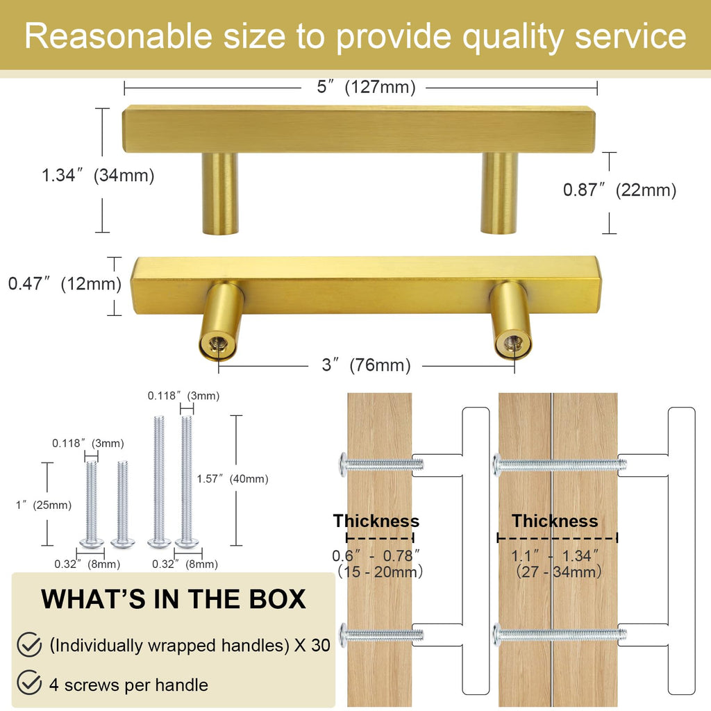 30 Pack Brushed Brass Kitchen Cabinet Handles 5" Length Drawer Pulls