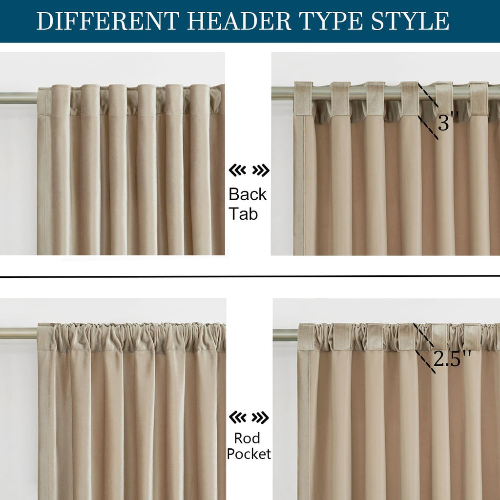 Champagne Polyester Velvet Curtains 96 inch Long,Set of 2 Panels Blackout Rod Pocket Back Tab Window Treatment Room