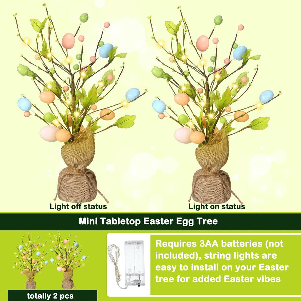 Easter Egg Tree Decorations 18 Inch Pre Lit Easter Egg Tree Tabletop Decor with LED Light Spring Party - Set of 2