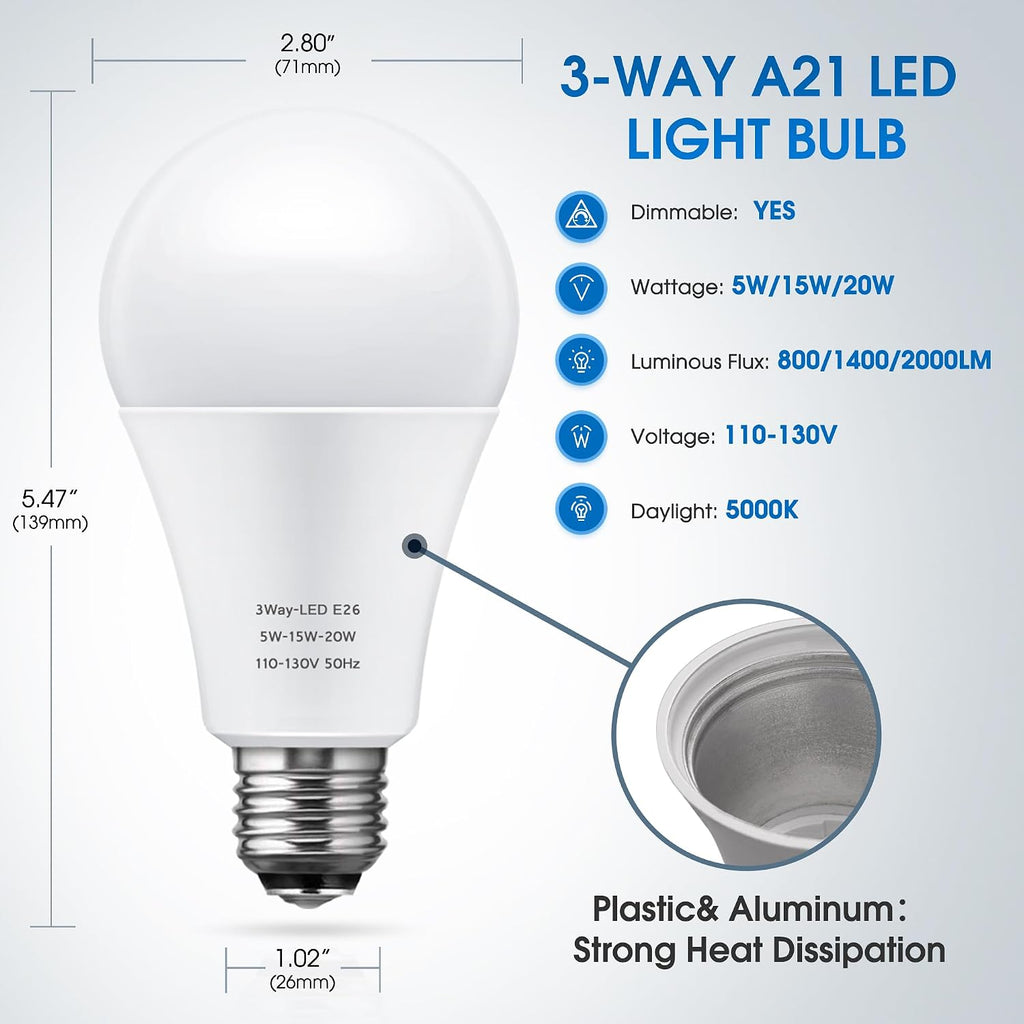 3 Way LED Light Bulbs 50-100-150W Equivalent A21 Daylight White