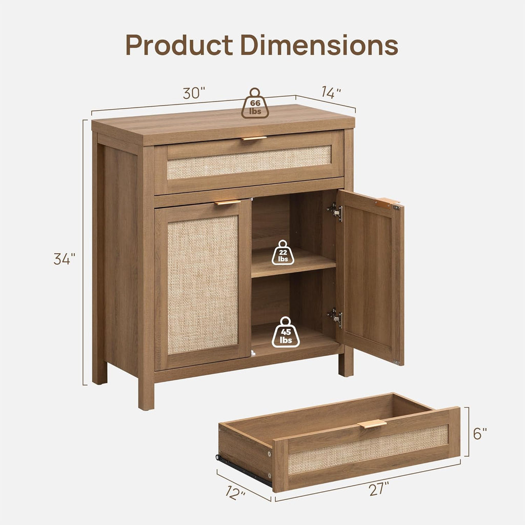 Sideboard Buffet Cabinet Set of 2, Rattan Credenza Storage Cabinet, Boho Buffet Table Console Cabinets with Drawer