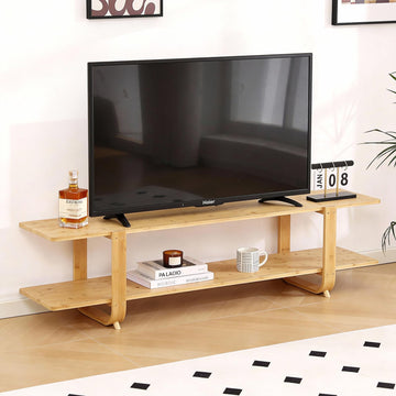 Wood Bamboo TV Stand for 55-Inch TVs, 2 Open Shelves, Modern Console