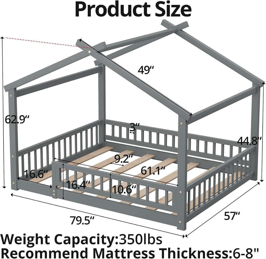 House Bed with Fence, Wooden Montessori Bed with Slats Support, Floor Bed Frame for Boys Girls Bedroom, Gray