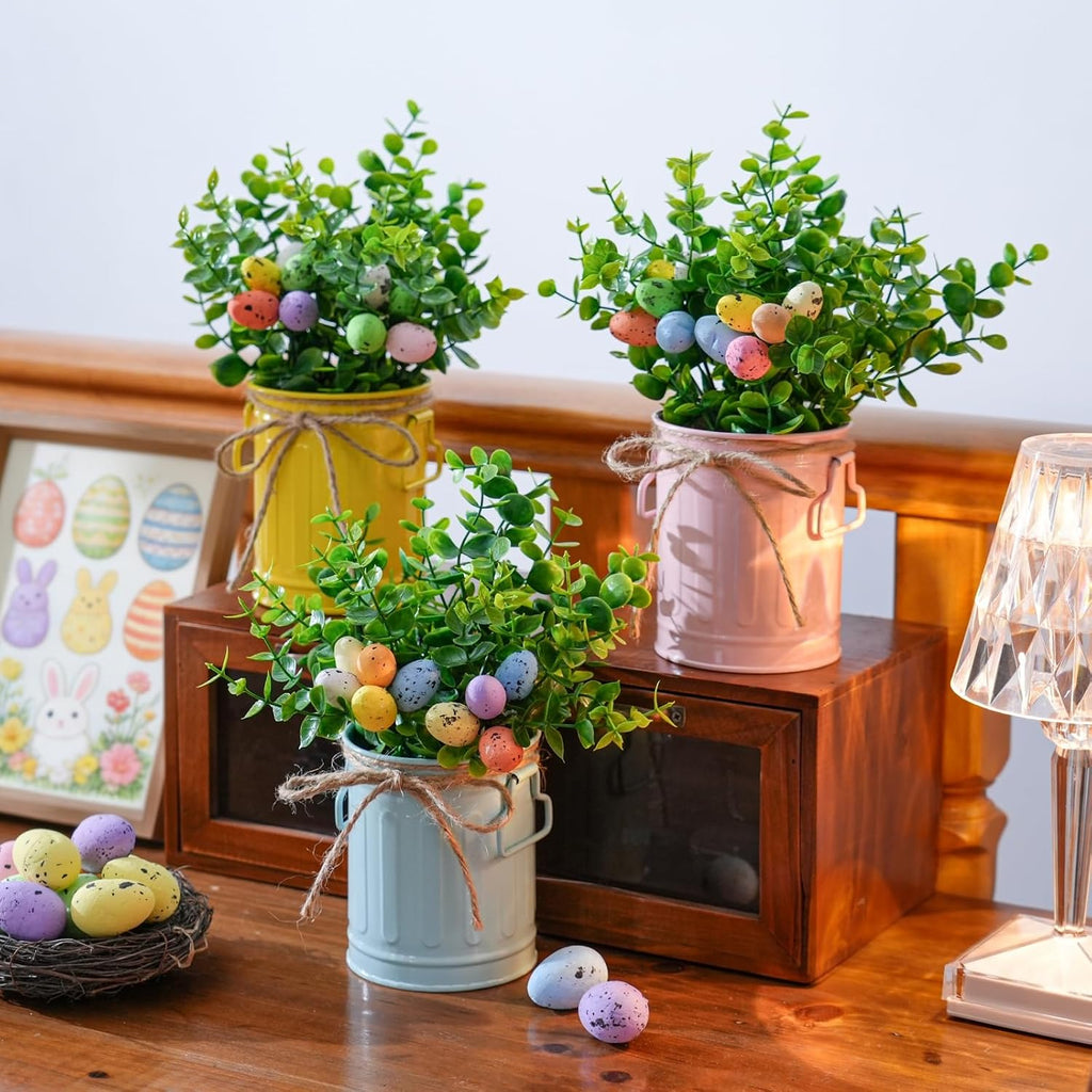3 Pk Artificial Eucalyptus Potted Plants with Eggs Easter Farmhouse Decor