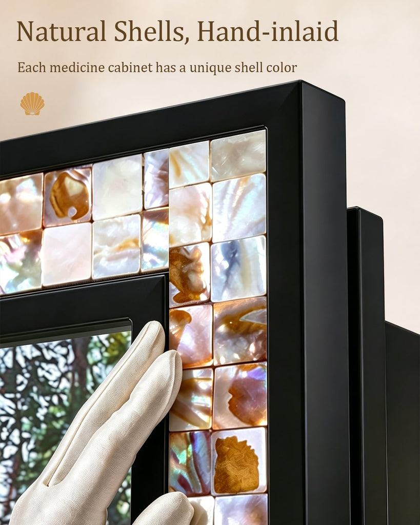 20"x30" Black Bathroom Medicine Cabinet with Mirror, Art Deco Mother of Pearl Vanity Mirror with Storage, Reversible