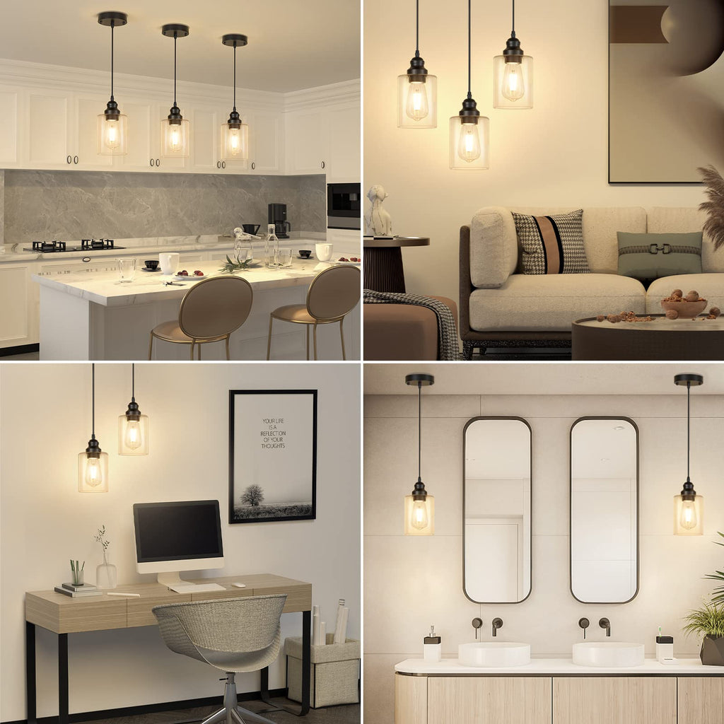 2 Pack Modern Black Pendant Lighting, Clear Glass Shade Pendant Lights Kitchen Island, Hanging Ceiling Light Fixture