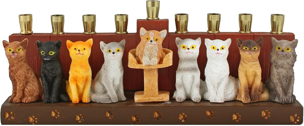 Hanukka Cat - 3D Sculptured Cats and Paw Prints on Menorahs Base Cats Themed Children Teens or Adults Collectible