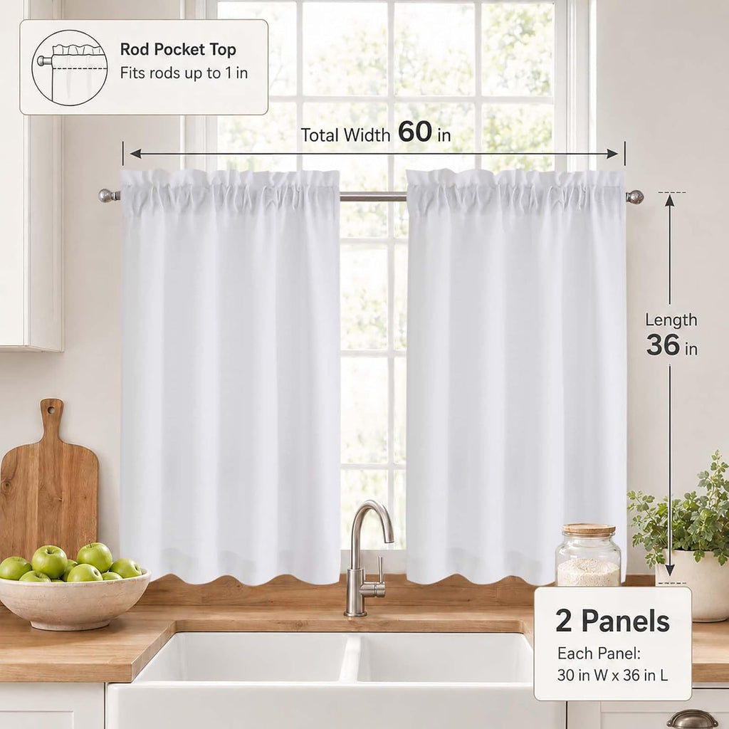 2 Panels White Kitchen Curtains 36 Inch Length Tier Curtain, Faux Linen Textured Small Cafe Curtain, Light Filtering