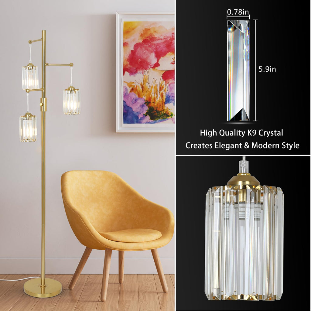 Gold Crystal Floor Lamps, Dimmable 3 Lights Modern Standing Lamp with Crystal Shade, Dimmer Switch, 65" Industrial