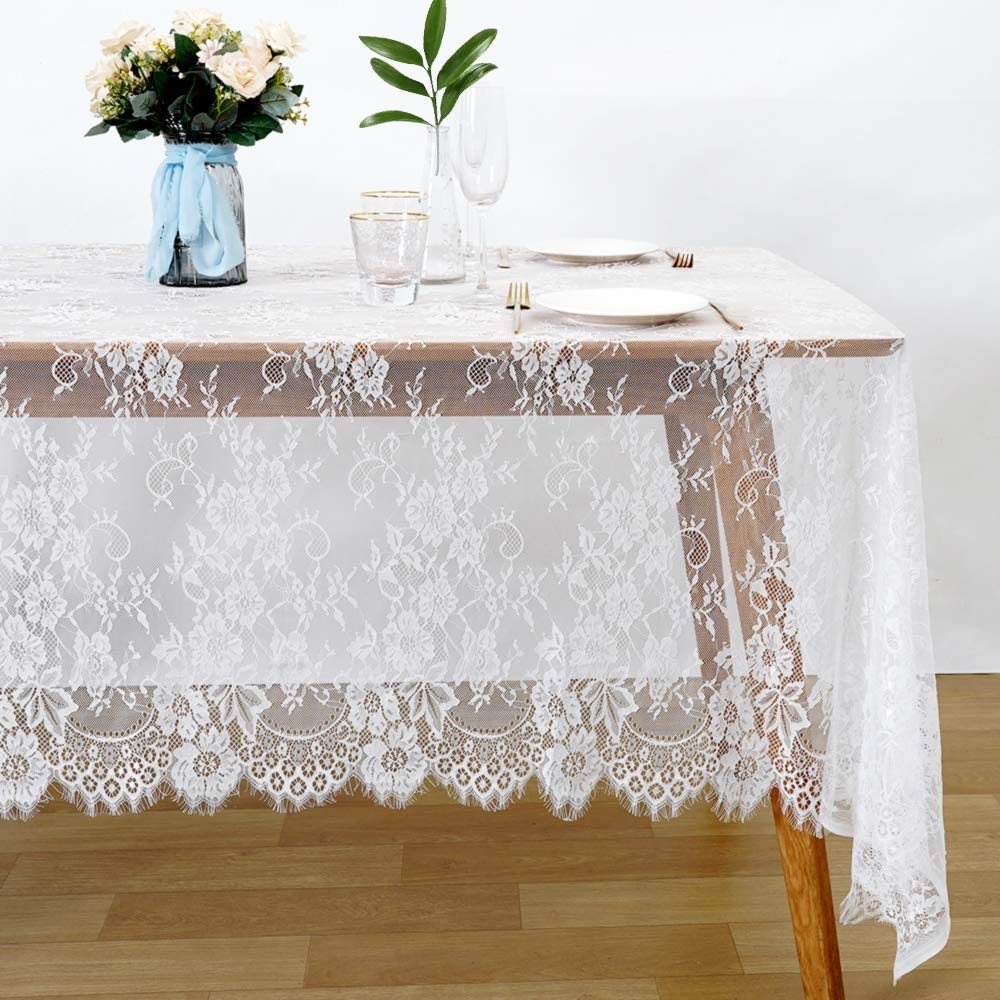 2 Pack 60 x 120 Inch White Lace Rustic Table Cloths Vintage
