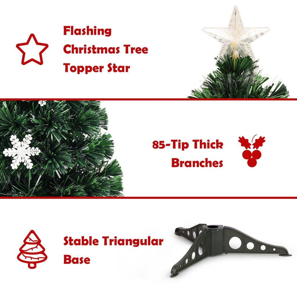 3FT Pre-Lit Christmas Tree with Multicolored Fiber Optics, 12 Snowflake LED Lights, Stunning Star, 85 PVC Tips