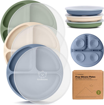 Suction Plates with Lids for Baby, 3pk, BPA-Free Silicone, Slate