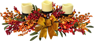 25 Inch Fall Candle Holder Centerpiece with Berry Branches and Bow
