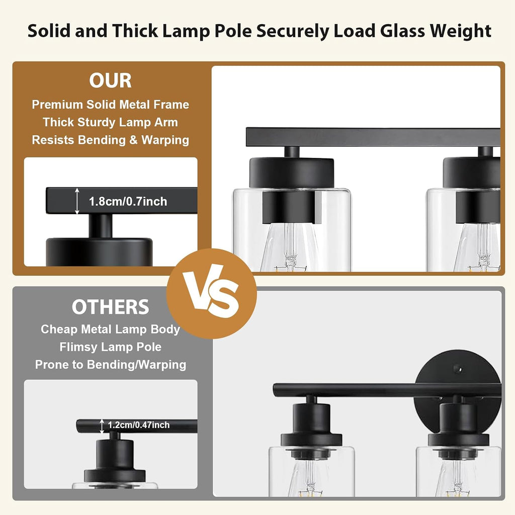 Modern Bathroom Light Fixtures, 3 Light Black Vanity Lights, Bathroom Lighting Fixtures Over Mirror with Clear Glass