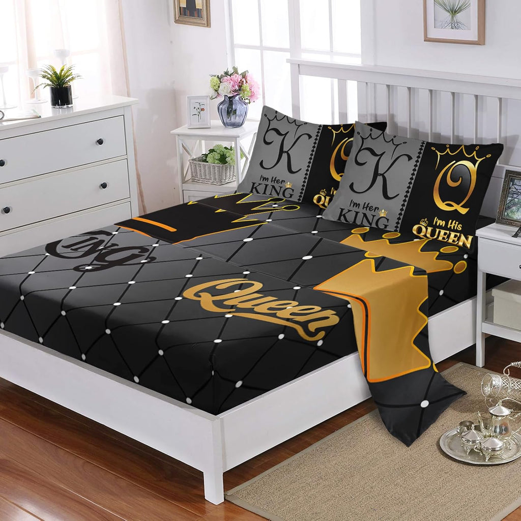 Grey and Black Comforter Set Queen IZE,7-Piece K and Q Printed Crown Couple Bed in a Bag,His Her Lover Comforter & Fitted Sheet & Flat Sheet & 2 Pillowcases,2 Pillow Shams