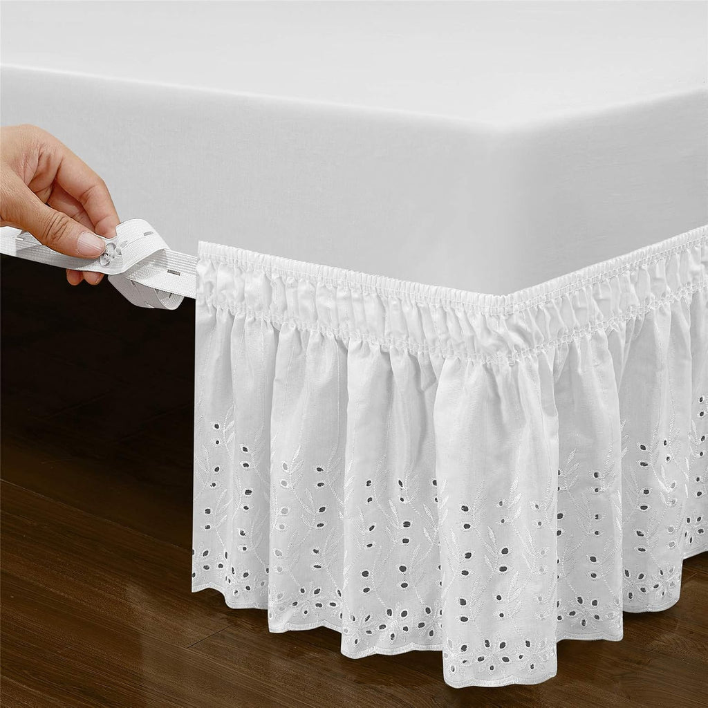 Wrap Around Elastic Eyelet Bed Skirt Dust Ruffle (White, Queen/King-18 Inch Drop)