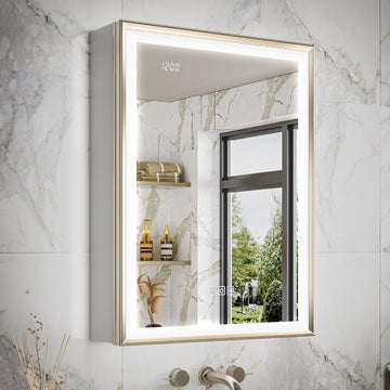 20x26 LED Medicine Mirror Cabinet, Beveled Brushed Nickel Frame | Lighted Aluminum Bathroom Cabinet, Surface or