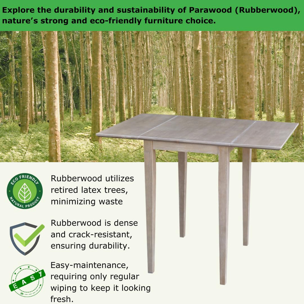 Solid Wood Small Drop Leaf Dining Table, Solid Real Wood, Sturdy Parawood, 36 X 22 X 29, Minimum Assembly, Washed Gray