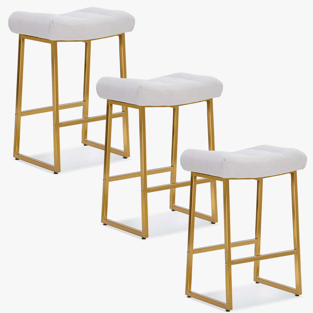 White & Gold Counter Height Bar Stools Set of 3 Counter Backless Kitchen Island Barstools with Upholstered Faux