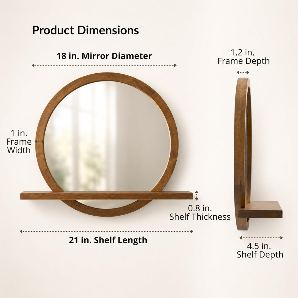 18" Round Wall Mirror with Shelf, Solid Wood Frame