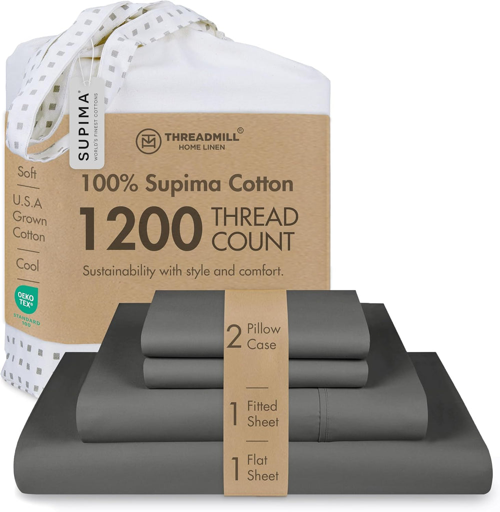 Luxury 100% Supima Cotton Sheets, Luxury 1200 Thread Count Cotton Sheets for Queen Bed, 4 Pc Dark Grey Bed Sheets