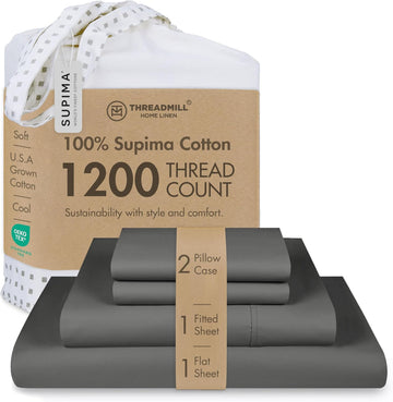Luxury 100% Supima Cotton Sheets, Luxury 1200 Thread Count Cotton Sheets for Queen Bed, 4 Pc Dark Grey Bed Sheets