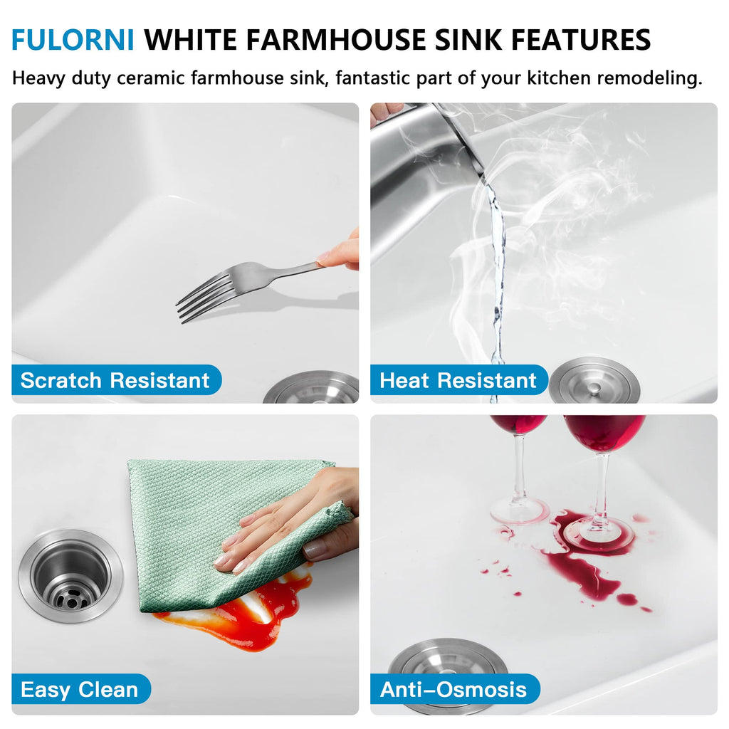 33 Inch White Farmhouse Sink Workstation - Curved Apron Farm house Front, High-Gloss Fireclay Porcelain Ceramic Farm